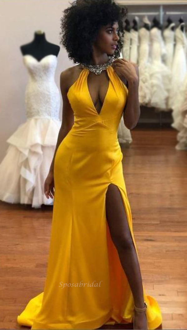 Sexy Gold Yellow Halter Hollow V-neck Side-slit Mermaid Long Prom Dres SposaBridal Sexy Gold Yellow Halter Hollow V-neck Side-slit Mermaid Long Prom Dres SposaBridal