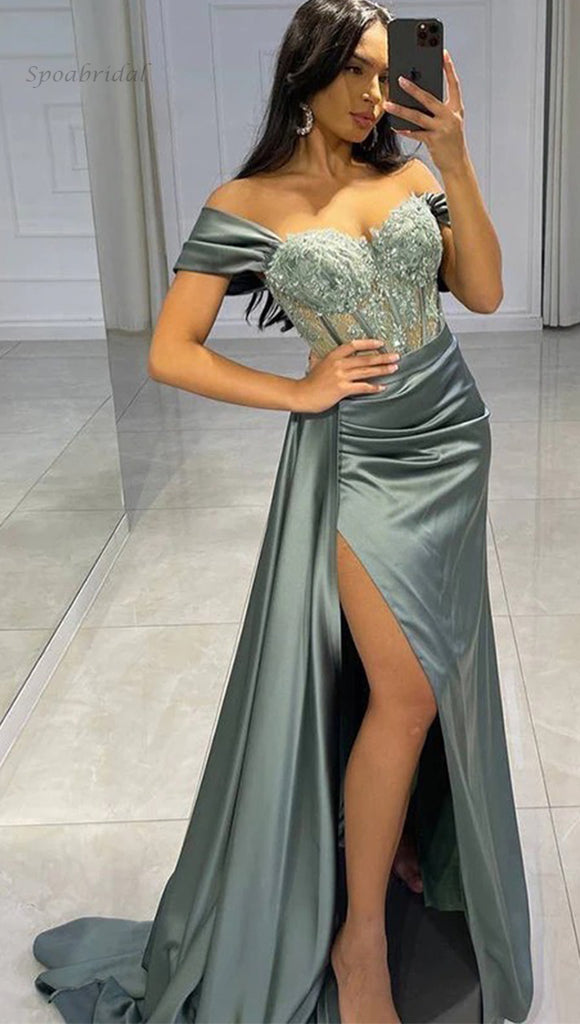 Sexy Gray Off-shoulder Lace Top Side-slit Mermaid Long Prom Dress, PD3353