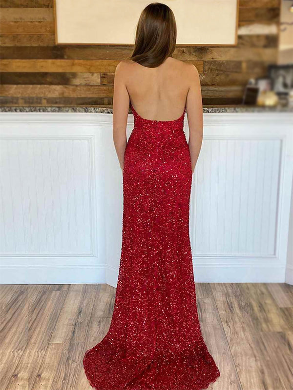 Sexy Halter Red Deep V-neck Mermaid Side-slit Long Sequin Prom Dress, PD3547