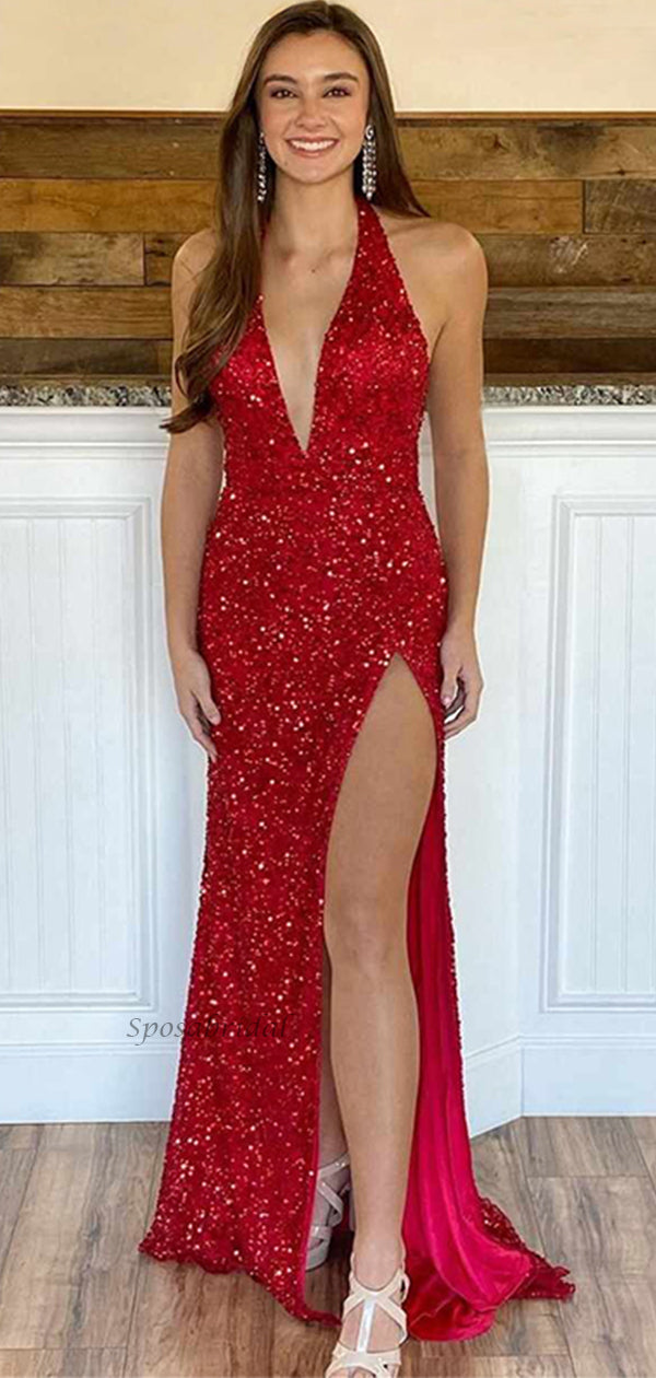 Sexy Halter Red Deep V-neck Mermaid Side-slit Long Sequin Prom Dress, SposaBridal Sexy Halter Red Deep V-neck Mermaid Side-slit Long Sequin Prom Dress, SposaBridal