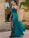 Sexy Lace Teal Green One-shoulder Side-slit A-line Long Prom Dress, PD3243