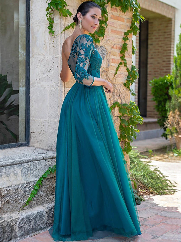 Sexy Lace Teal Green One-shoulder Side-slit A-line Long Prom Dress, PD SposaBridal Sexy Lace Teal Green One-shoulder Side-slit A-line Long Prom Dress, PD SposaBridal