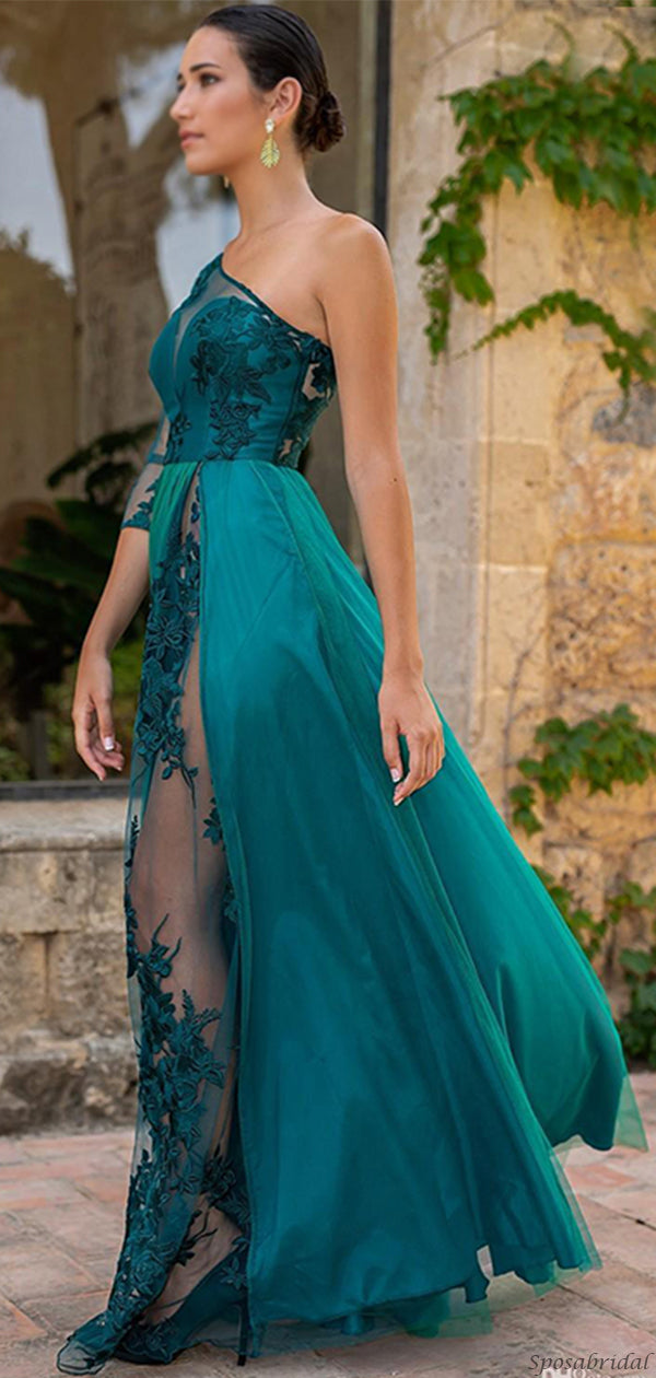 Sexy Lace Teal Green One-shoulder Side-slit A-line Long Prom Dress, PD SposaBridal Sexy Lace Teal Green One-shoulder Side-slit A-line Long Prom Dress, PD SposaBridal