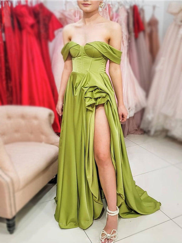 Sexy Lime Green Off-shoulder Sweetheart Ruffle Side-slit A-line Long P SposaBridal Sexy Lime Green Off-shoulder Sweetheart Ruffle Side-slit A-line Long P SposaBridal