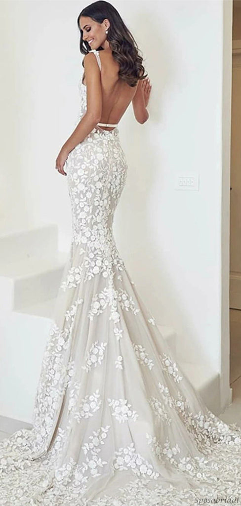 Sexy Luxury Backless Spaghetti-strap Lace Long Tail Mermaid Wedding Dress, WD3062