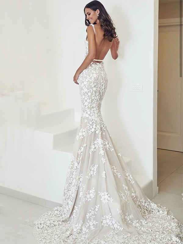Backless Wedding Dresses Lace Mermaid Sexy Straps Bride Dress