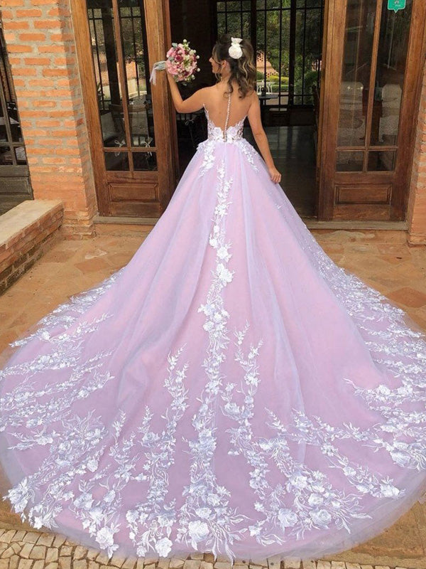 Sexy Luxury Pink Illusion Lace Backless A-line Long Train Wedding Dres SposaBridal Sexy Luxury Pink Illusion Lace Backless A-line Long Train Wedding Dres SposaBridal