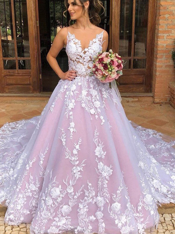 Sexy Luxury Pink Illusion Lace Backless A-line Long Train Wedding Dres ...