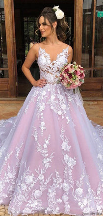 Sexy Luxury Pink Illusion Lace Backless A-line Long Train Wedding Dress, WD3050