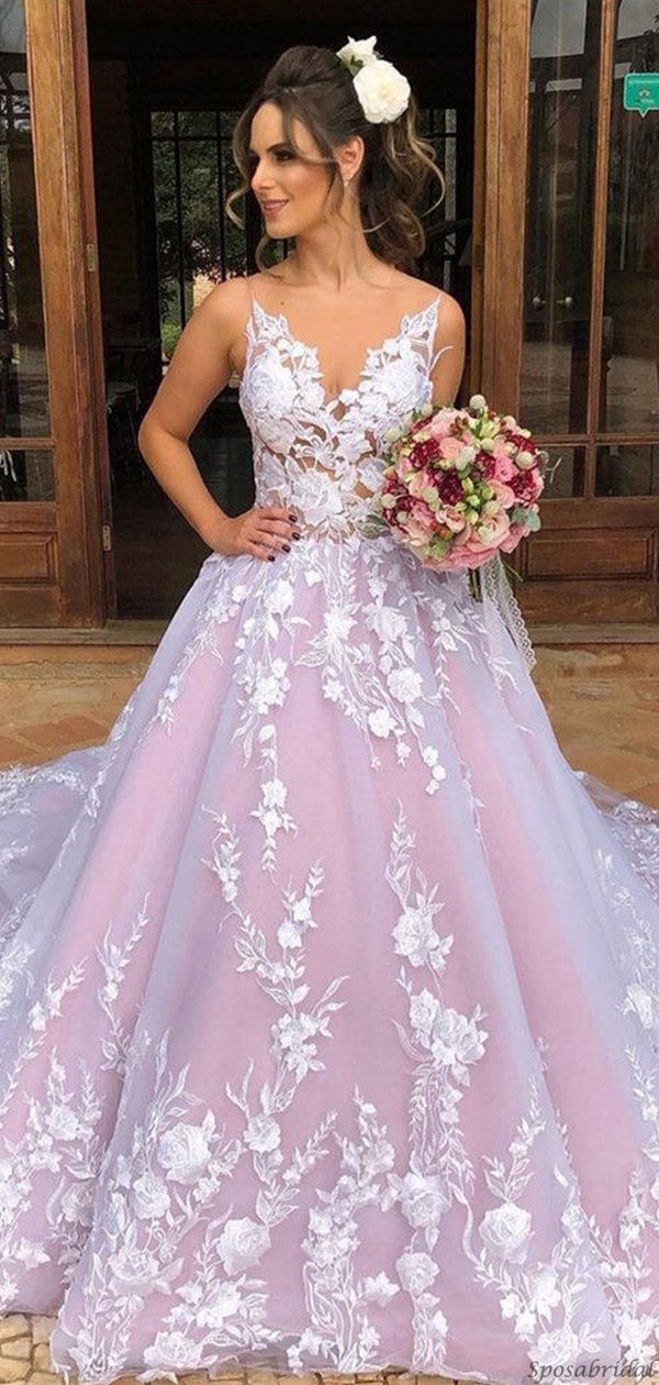Sexy Luxury Pink Illusion Lace Backless A-line Long Train Wedding Dres SposaBridal Sexy Luxury Pink Illusion Lace Backless A-line Long Train Wedding Dres SposaBridal