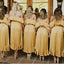 Sexy Mustard Yellow Spaghetti Strap Off-shoulder Mid-length Ruffle Bridesmaid Dress, BD3129