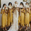 Sexy Mustard Yellow Spaghetti Strap Off-shoulder Mid-length Ruffle Bridesmaid Dress, BD3129
