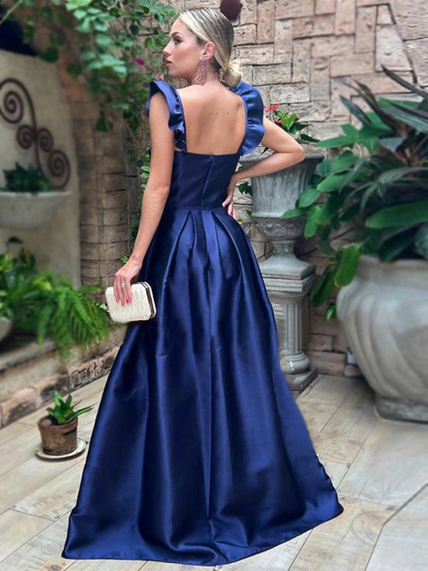 Sexy Navy Blue Bow Tie Neck Ruffle Straps A-line Side-slit Long Prom D SposaBridal Sexy Navy Blue Bow Tie Neck Ruffle Straps A-line Side-slit Long Prom D SposaBridal