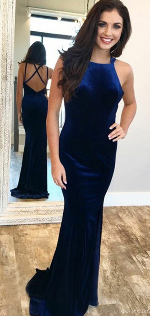 Sexy Navy Blue Velvet Open Back Mermaid Long Prom Dress, PD3267
