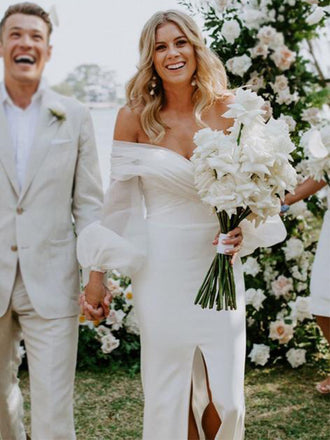 Sexy Off-shoulder Off-white Middle-slit Long Sleeves Long Train Mermaid Wedding Dress, WD3073