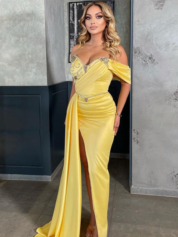 Sexy Off-shoulder Yellow Side-slit Mermaid Long Prom Dress, PD3384