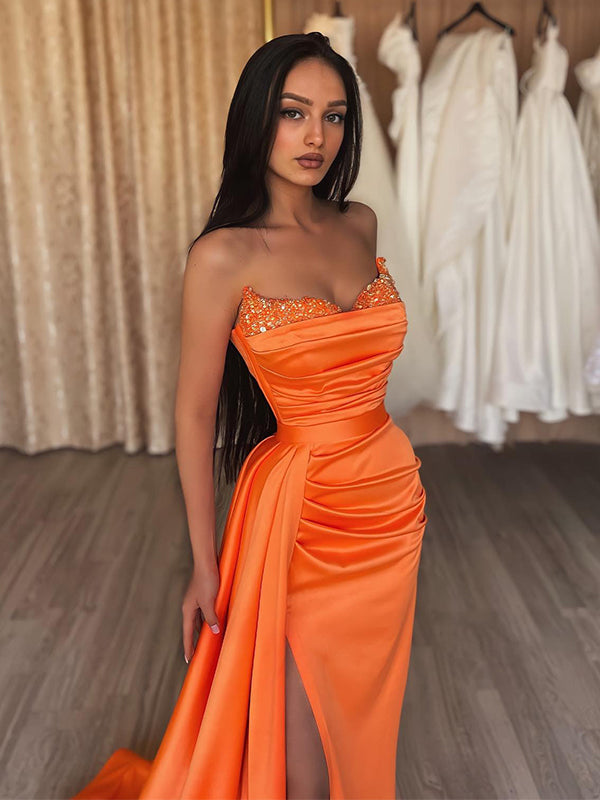sexy orange dress Sexy Orange Sweetheart Strapless Side-slit Mermaid Long Prom Dress, PD – SposaBridal