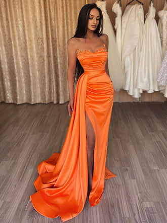 Sexy Orange Sweetheart Strapless Side-slit Mermaid Long Prom Dress, PD3532