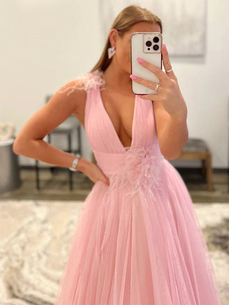 Sexy Pink Deep V-neck Spaghetti Straps A-line Half-open Back Long Prom Dress, PD3502