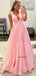 Sexy Pink Deep V-neck Spaghetti Straps A-line Half-open Back Long Prom Dress, PD3502