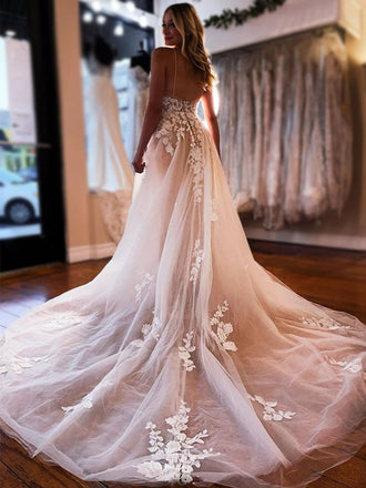 Sexy Pink Spaghetti Straps Half-open Back A-line Lace Top Tulle Long Prom Dress, PD3255