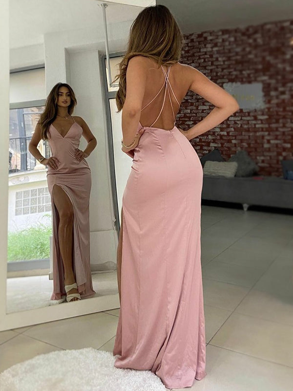 Sexy Pink Spaghetti Straps Open Back V-neck Mermaid Side-slit Long Pro SposaBridal Sexy Pink Spaghetti Straps Open Back V-neck Mermaid Side-slit Long Pro SposaBridal