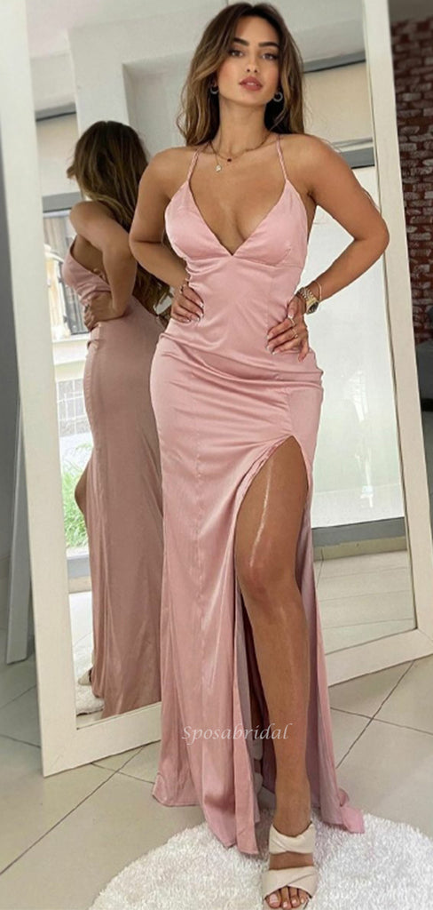Sexy Pink Spaghetti Straps Open Back V-neck Mermaid Side-slit Long Prom Dress, PD3504