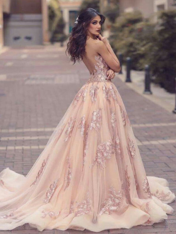 Sexy Pink V-neck Detachable Lace Open Back Side-slit Long Prom Dress, SposaBridal Sexy Pink V-neck Detachable Lace Open Back Side-slit Long Prom Dress, SposaBridal