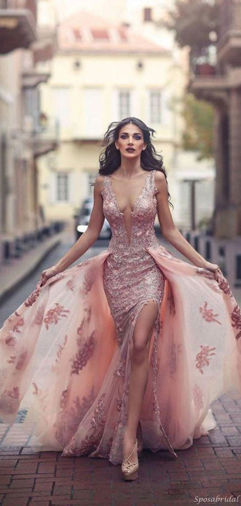 Sexy Pink V-neck Detachable Lace Open Back Side-slit Long Prom Dress, PD3223