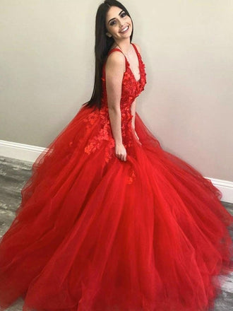 Sexy Red Floral V-neck Sleeveless A-line Long Prom Dress, PD3187