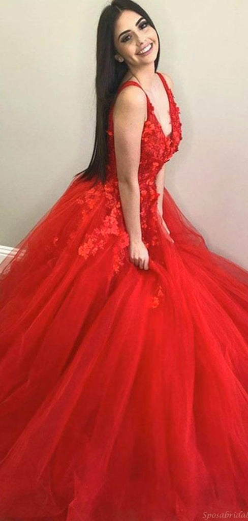 Sexy Red Floral V-neck Sleeveless A-line Long Prom Dress, PD3187