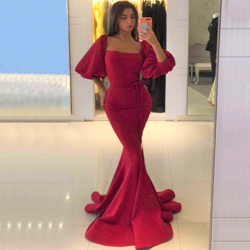 Sexy Red Square Neck Half Sleeves Mermaid Long Prom Dress, PD3405