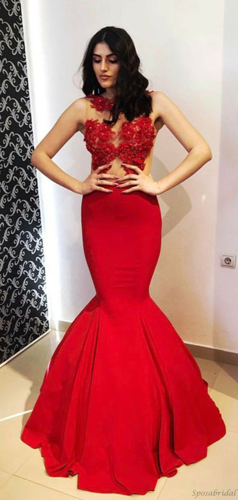 Sexy Red Sleeveless Floral Lace Top Mermaid Trumpet Long Prom Dress, PD3193