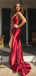 Sexy Red Spaghetti Straps V-neck Lace Up Back Side-slit Mermaid Long Prom Dress, PD3450