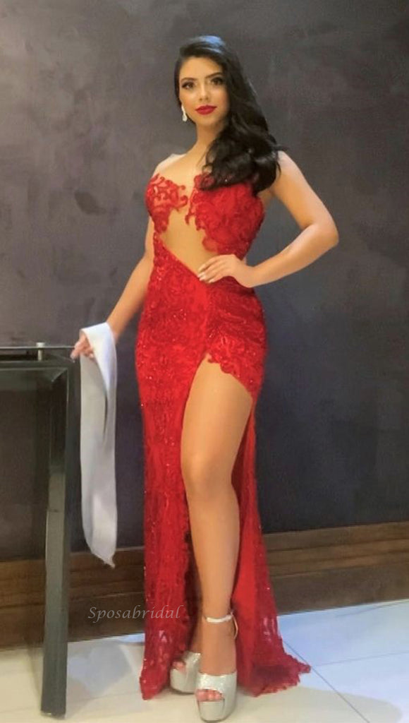 Sexy Red Strapless Open Back Side-slit Long Mermaid Prom Dress, PD3406