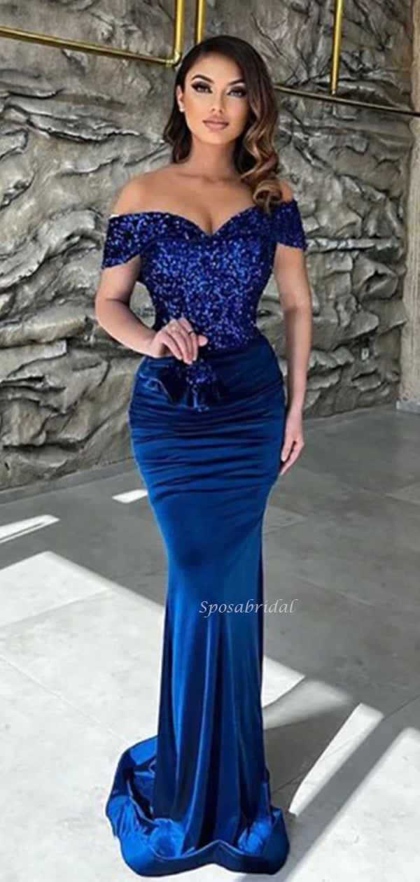 Sexy Royal Blue Off-shoulder V-neck Sequin Top Mermaid Long Prom Dress SposaBridal Sexy Royal Blue Off-shoulder V-neck Sequin Top Mermaid Long Prom Dress SposaBridal