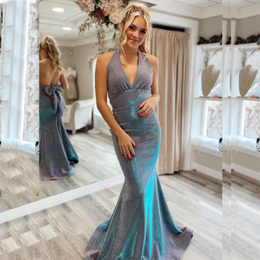 Sexy Shiny Halter Bo Tie Back V-neck Mermaid Long Prom Dress, PD3391