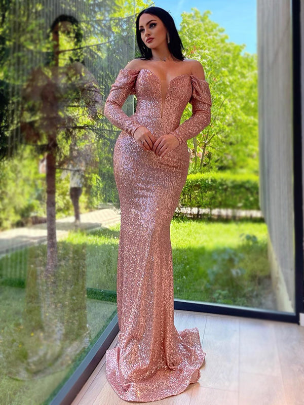 Sexy Shiny Pink Off-shoulder Long Sleeves Mermaid Long Prom Dress, PD3 SposaBridal Sexy Shiny Pink Off-shoulder Long Sleeves Mermaid Long Prom Dress, PD3 SposaBridal