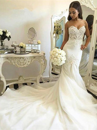 Sexy Spaghetti Straps Sweetheart Lace Top Mermaid Trumpet Long Train Wedding Dress, WD3079