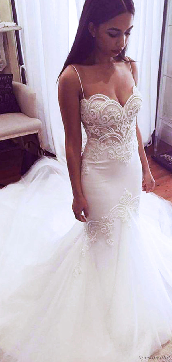 trumpet mermaid wedding dresses Sexy Spaghetti Straps Sweetheart Lace Top Mermaid Trumpet Long Train W – SposaBridal