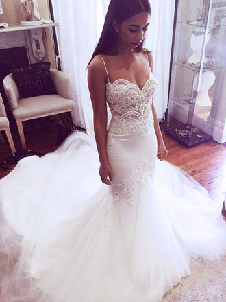 Sexy Spaghetti Straps Sweetheart Lace Top Mermaid Trumpet Long Train Wedding Dress, WD3079
