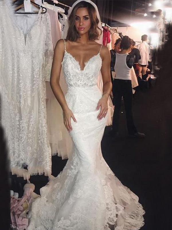 Sexy Spaghetti Strap V-neck Lace Open-back Long Tail Mermaid Wedding D SposaBridal Sexy Spaghetti Strap V-neck Lace Open-back Long Tail Mermaid Wedding D SposaBridal