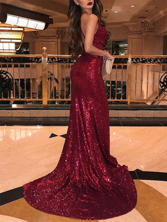 Sexy Sparkling Burgundy V-neck Pleats Side-slit Oprn Back Long Train Prom Dress, PD3249