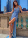 Sexy Sparkling Sequin Blue Spaghetti Straps Open Back Side-slit Mermaid Long Prom Dress, PD3525