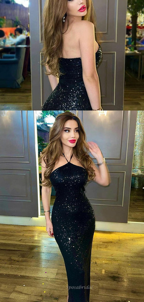 Sexy Sparkly Black Halter Mermaid Long Sequin Prom Dress, PD3452