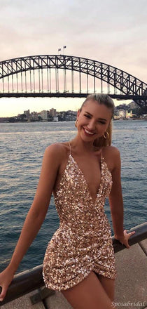 Sexy Sparkly Champagne Gold Spaghetti Strap V-neck Sheath Short Homecoming Party Dress, HD3028