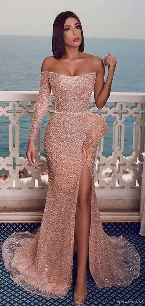 Sexy Sparkly Champagne Rose One-shoulder Side-slit Mermaid Long Prom D SposaBridal Sexy Sparkly Champagne Rose One-shoulder Side-slit Mermaid Long Prom D SposaBridal