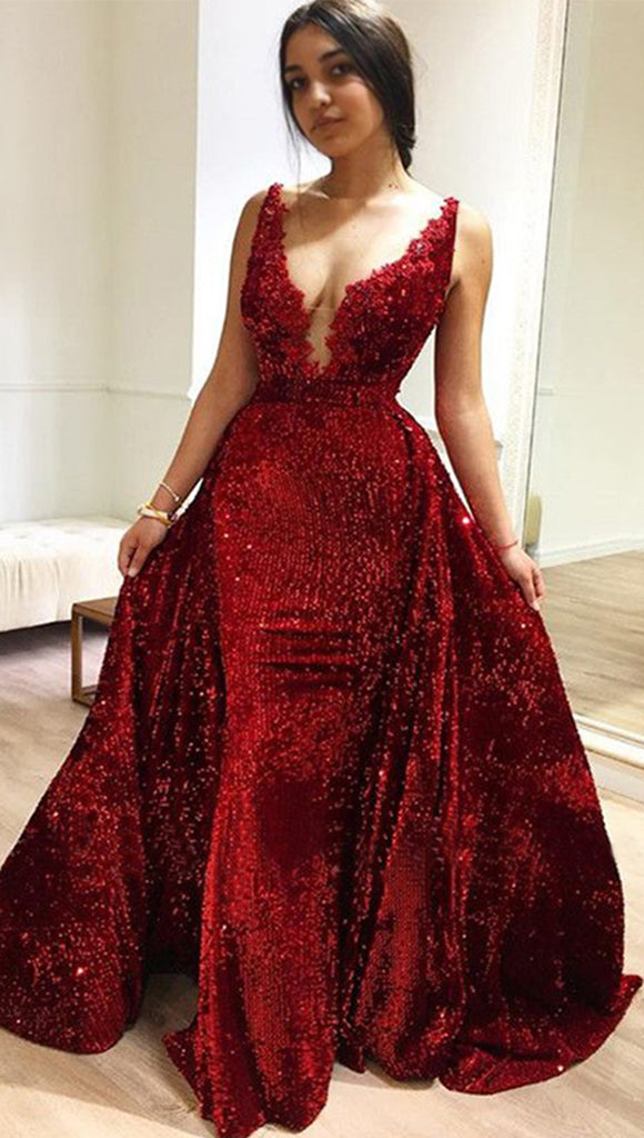 Sexy Sparkly Dark Red Spaghetti Straps V-neck Mermaid Detachable Long Prom Dress, PD3430