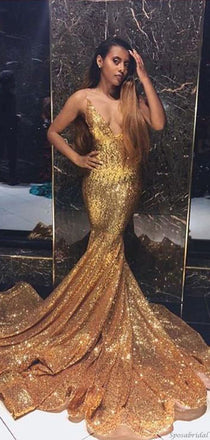 Sexy Sparkly Gold Spaghetti Strap Deep V-neck Mermaid Trumpet Long Prom Dress, PD3179