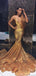 Sexy Sparkly Gold Spaghetti Strap Deep V-neck Mermaid Trumpet Long Prom Dress, PD3179